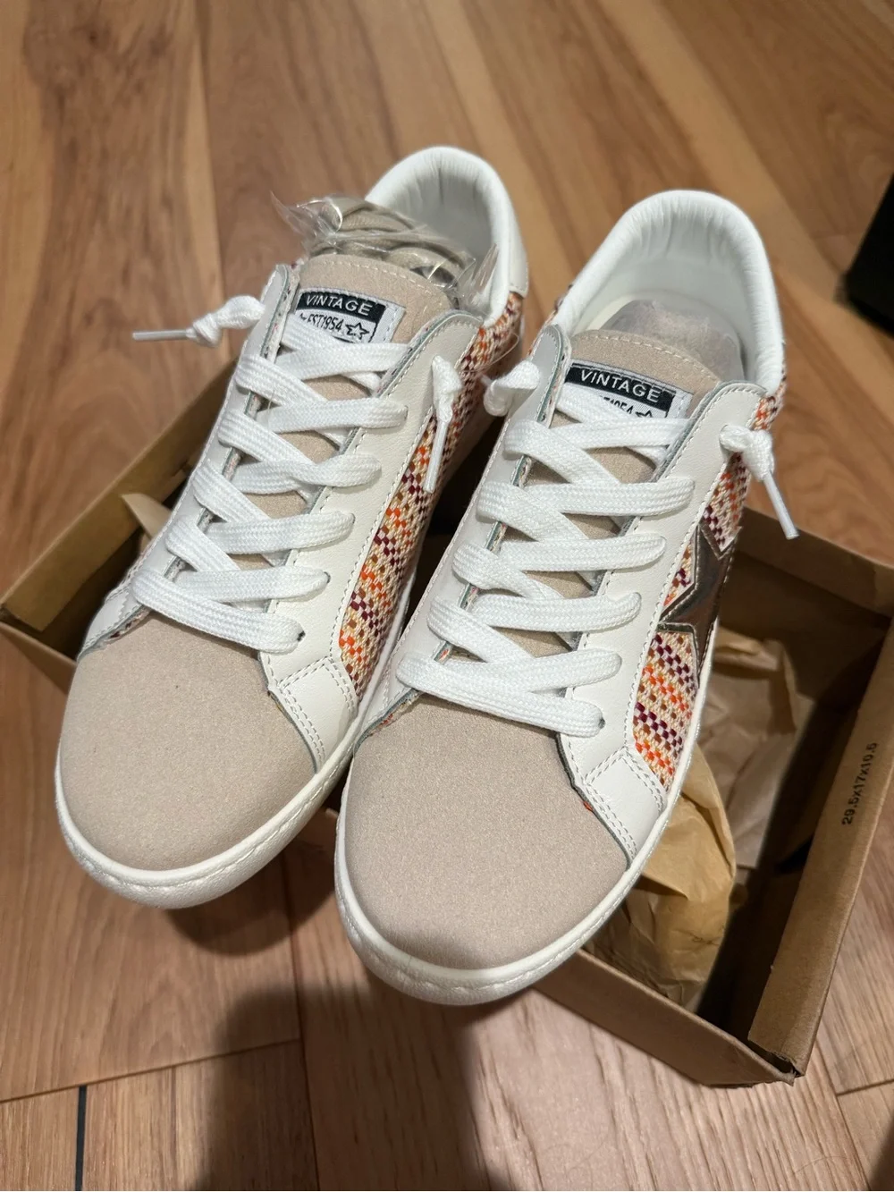 ShuShop White Sneakers with Multicolor Woven Panels and Gold Star